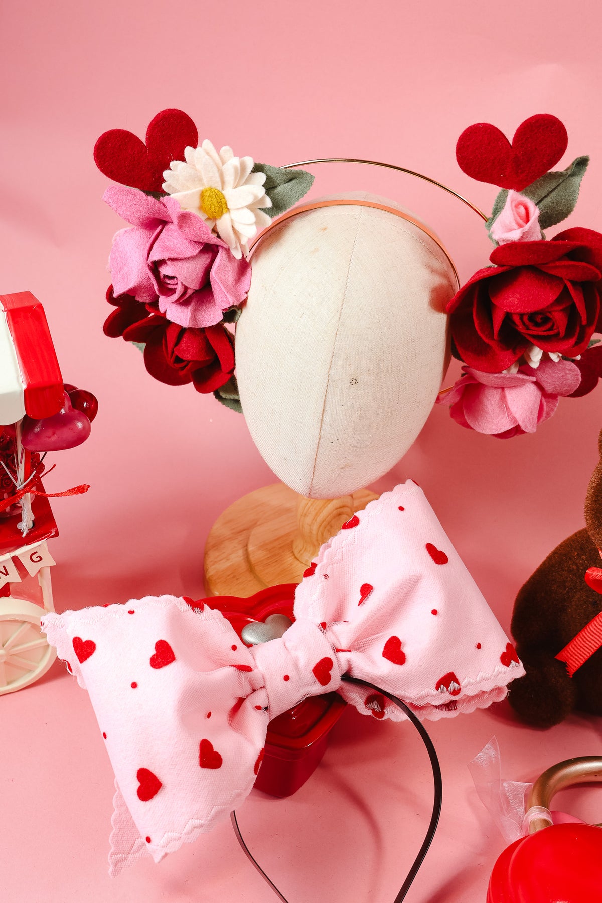 Pink And Red Heart Bow Fascinator