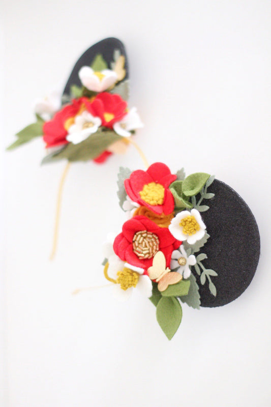 Mouse Ears inspired Party set /felt flowers/magical/flower/birthday/party/headbands/minnimouse/minnieears/minnieparty