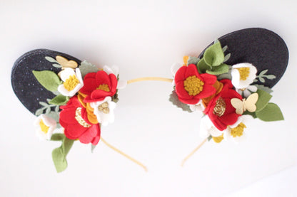 Mouse Ears inspired Party set /felt flowers/magical/flower/birthday/party/headbands/minnimouse/minnieears/minnieparty